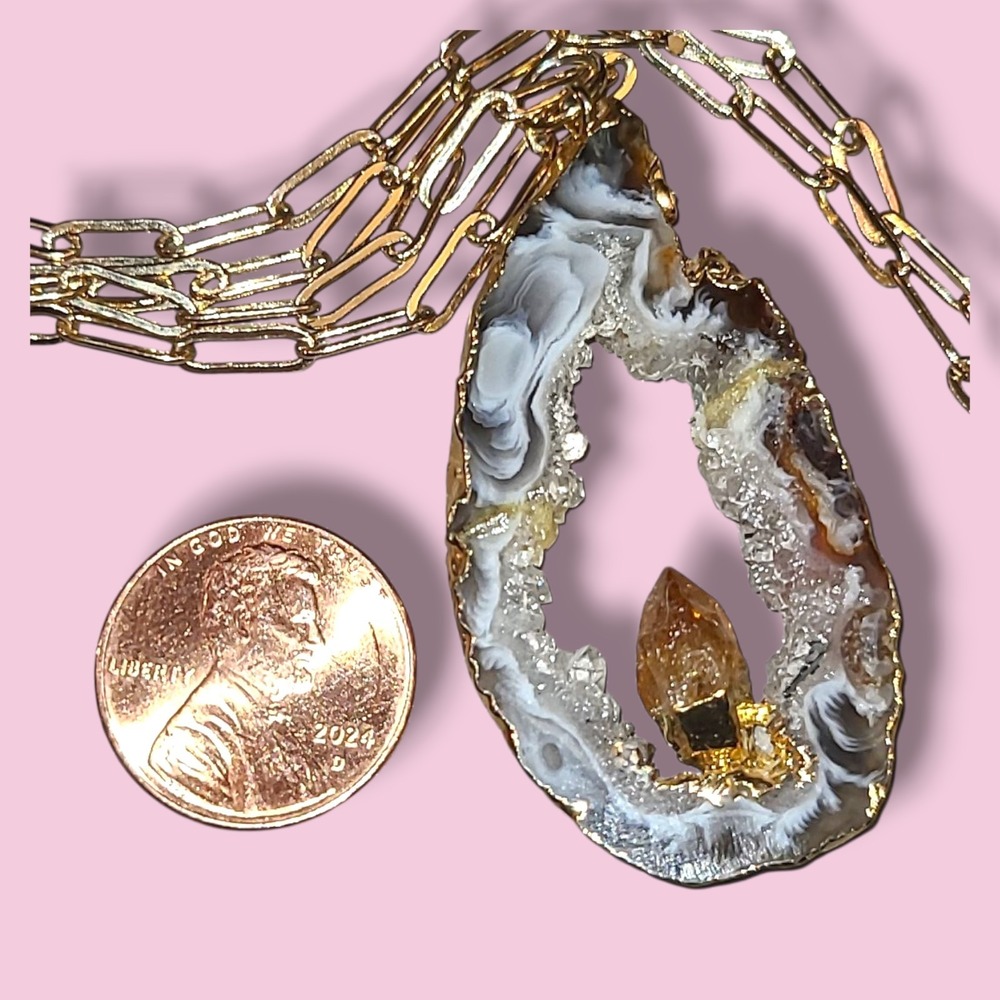 Crystal Geode Slice with Citrine Crystal Pendant‎ Necklace - Picture 2 of 4